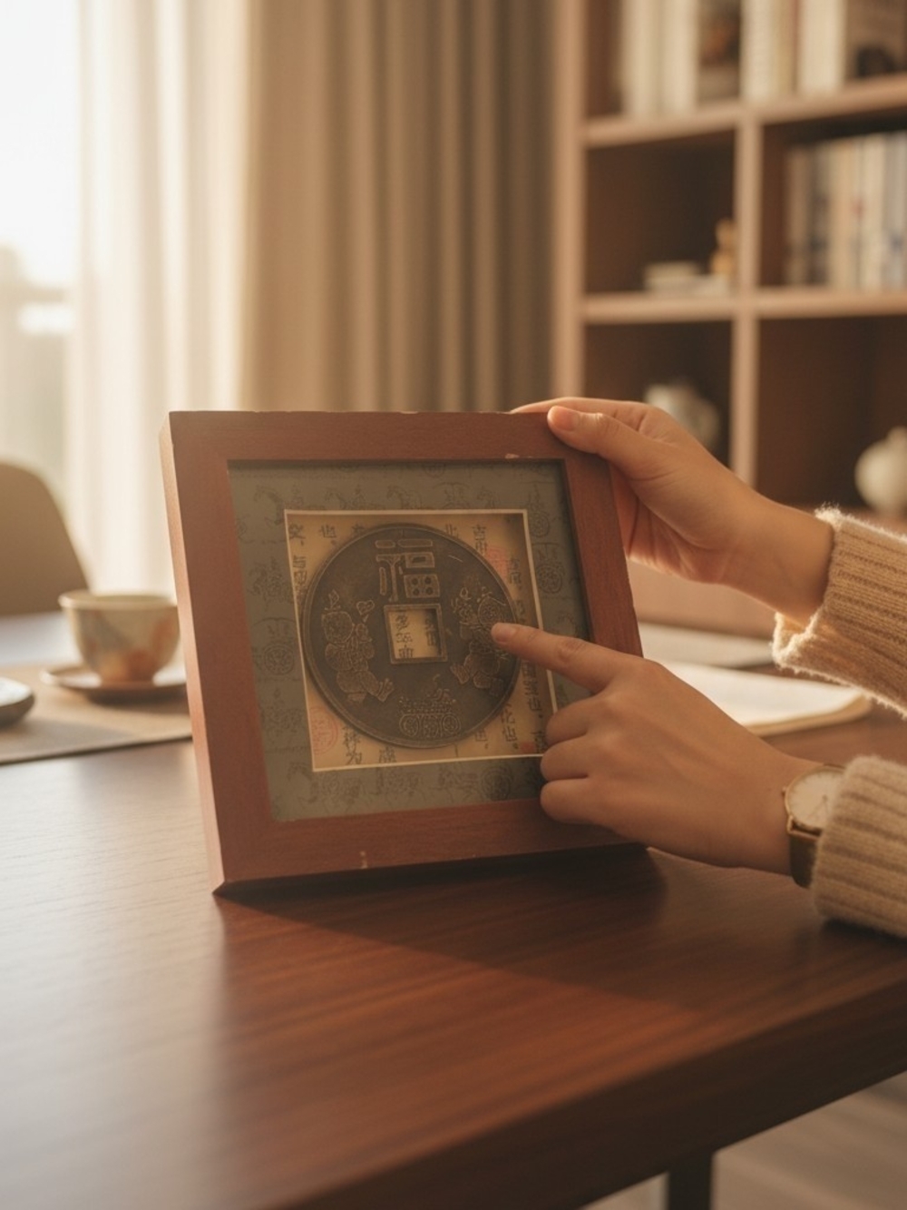 Decorative Framed Asian Coin Art - Brown Wood Frame